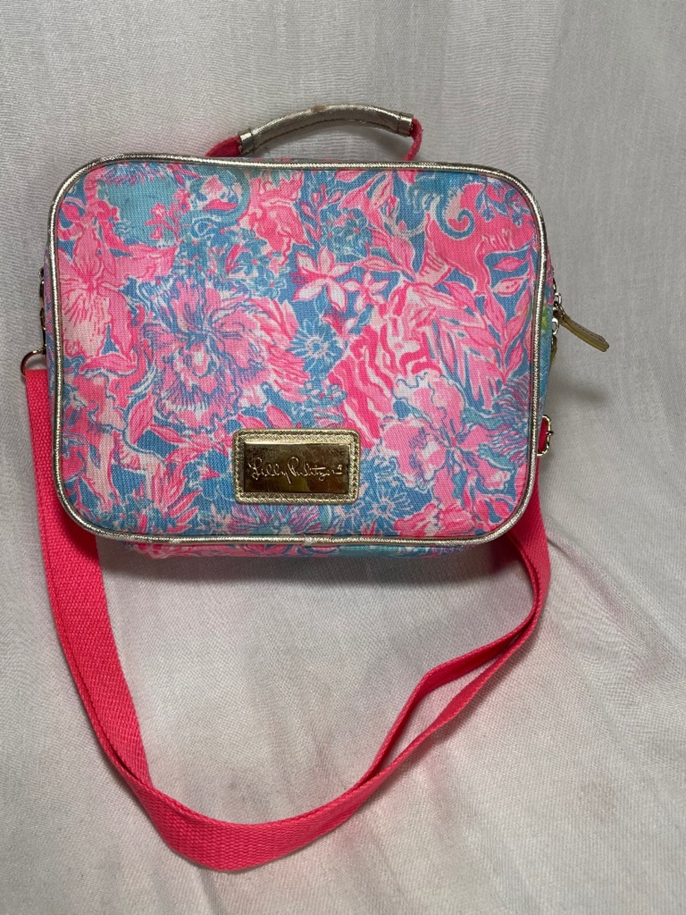 Lilly Pulitzer Pink & Blue Floral Crossbody Bag with Gold Plate lunch bag
